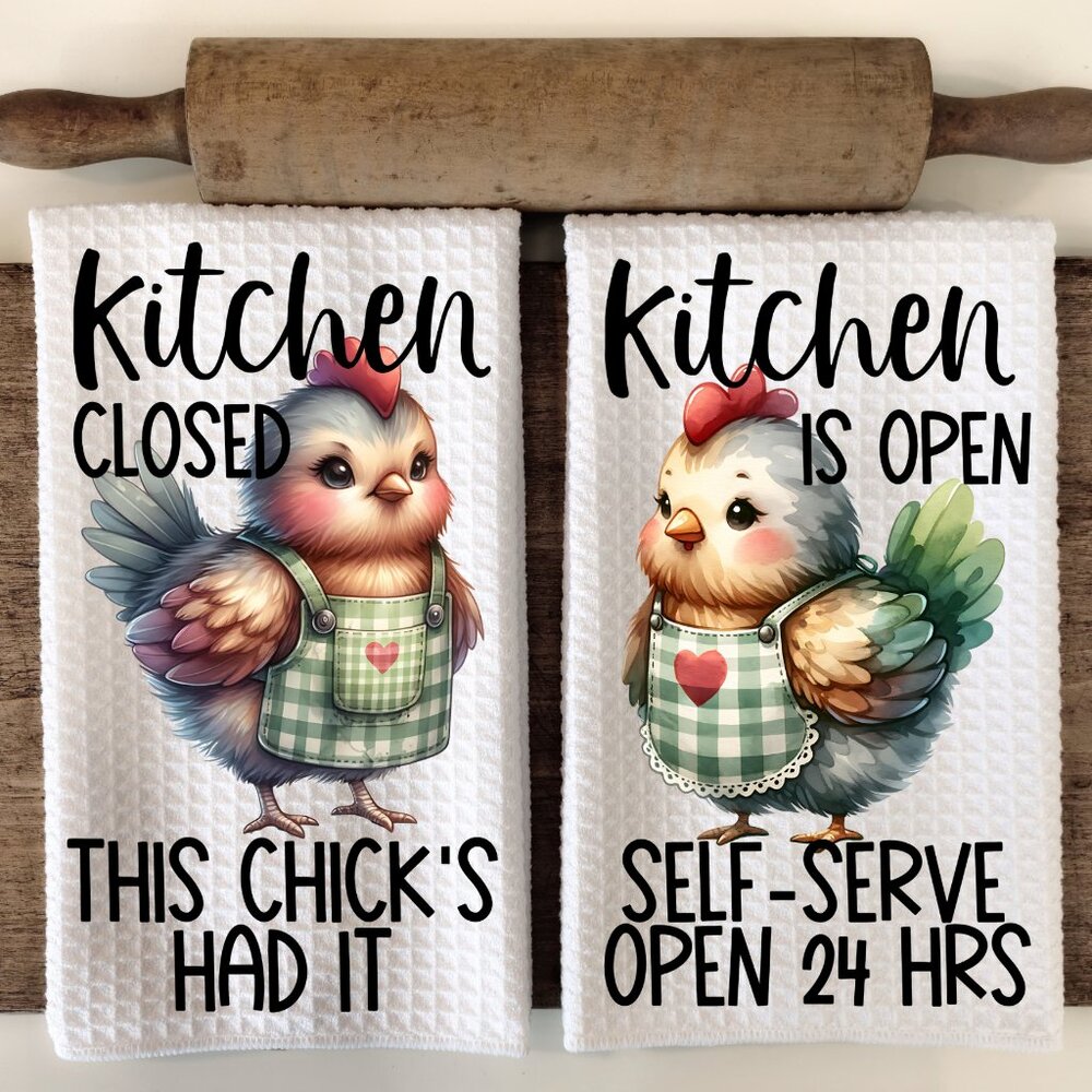 Kitchen Closed / Kitchen Open Towel Set, Great Housewarming Gift, Wedding Gift
